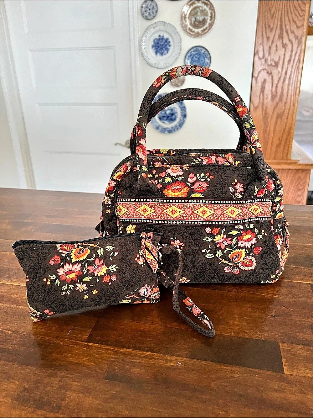 Vera Bradley Vintage Chocolat Handbag & Wristlet